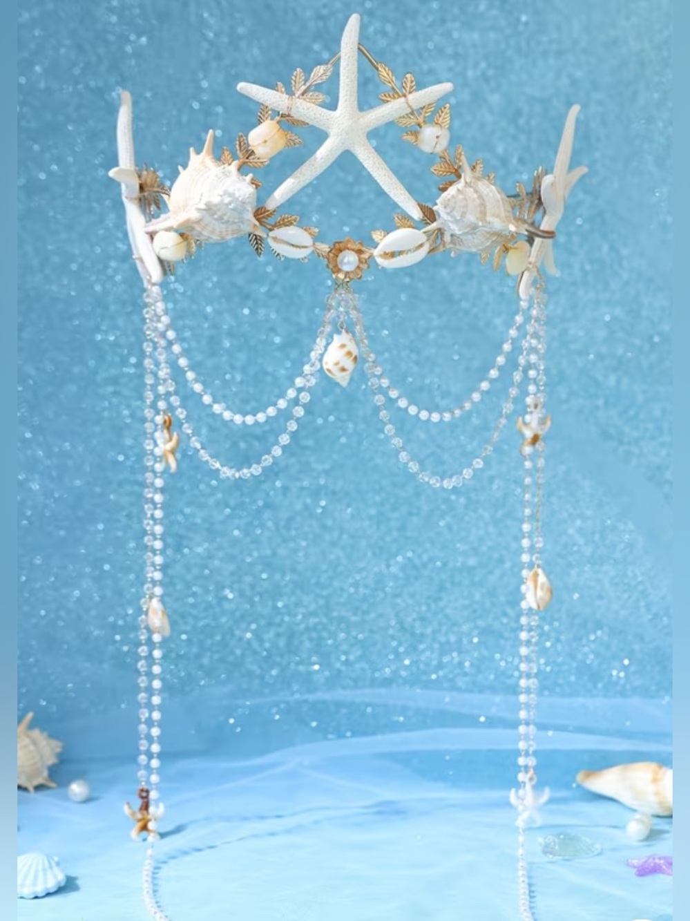 Seashell Pearl Draped Tiara - White & Gold Mermaid Headpiece